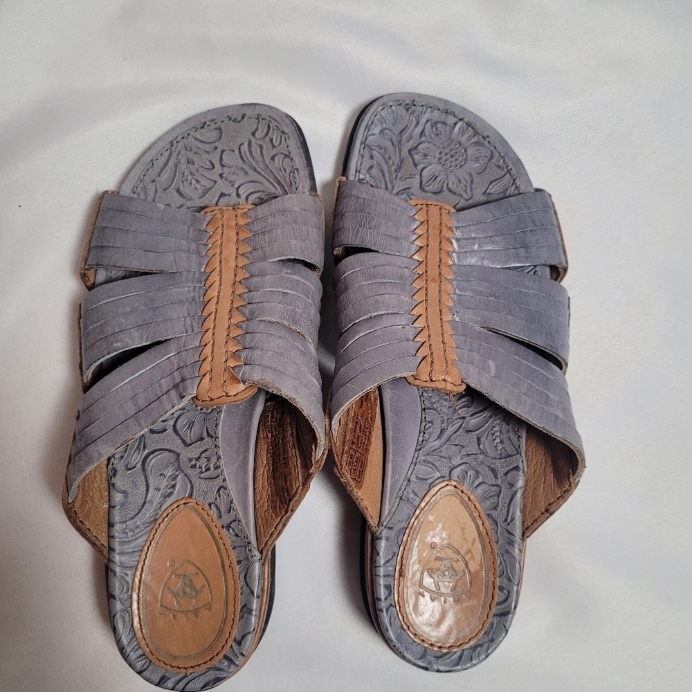 Ariat Costa Gray Blue Brown Leather Strap Slides Sandals Women's Size 6B